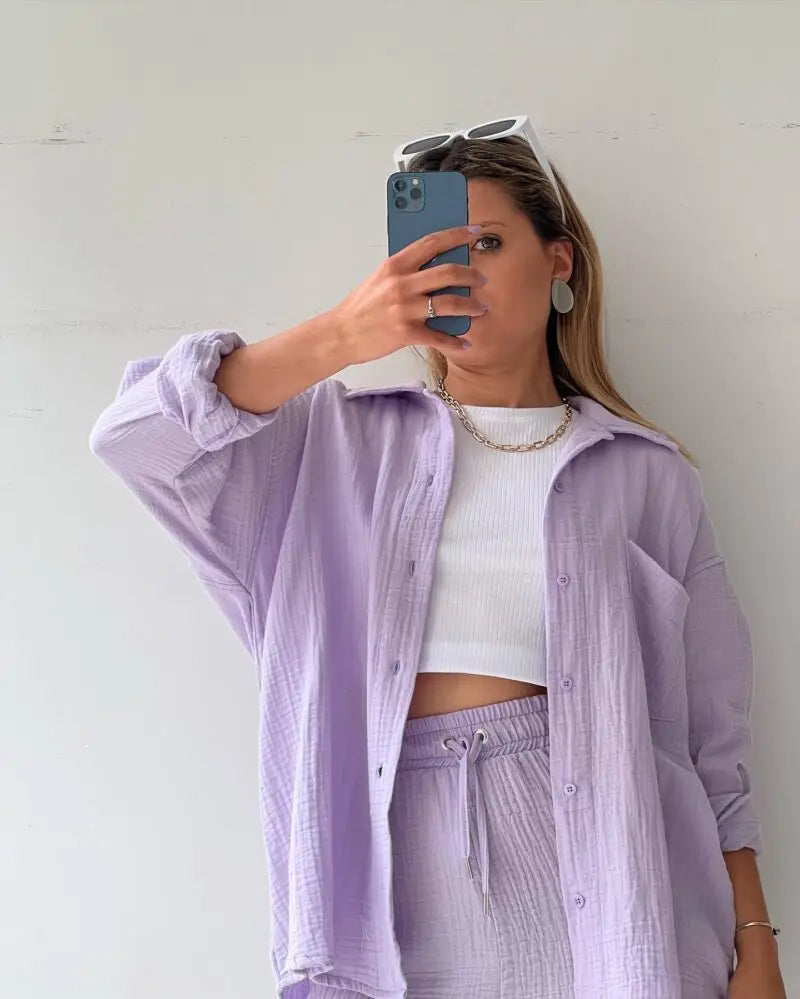 Adelie - 2-piece Cotton Shirt and Shorts Set