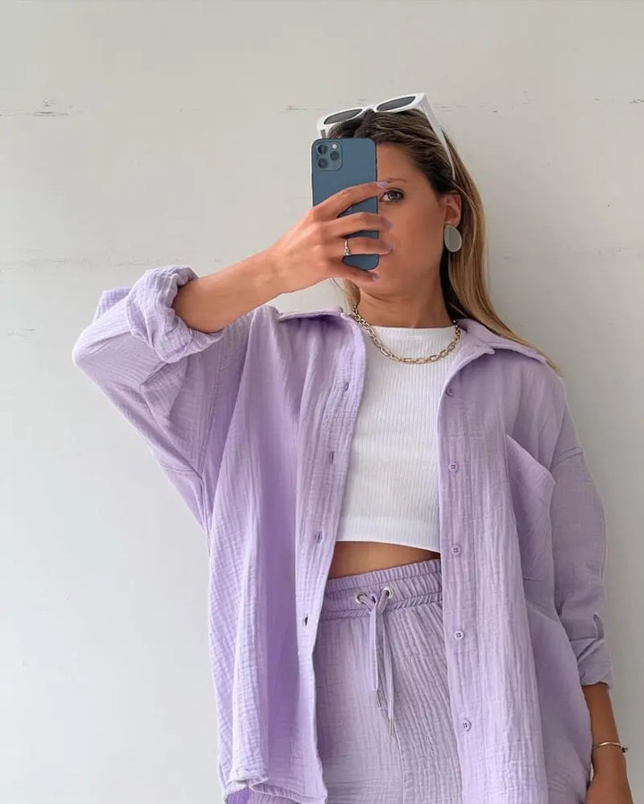 Adelie - 2-piece Cotton Shirt and Shorts Set