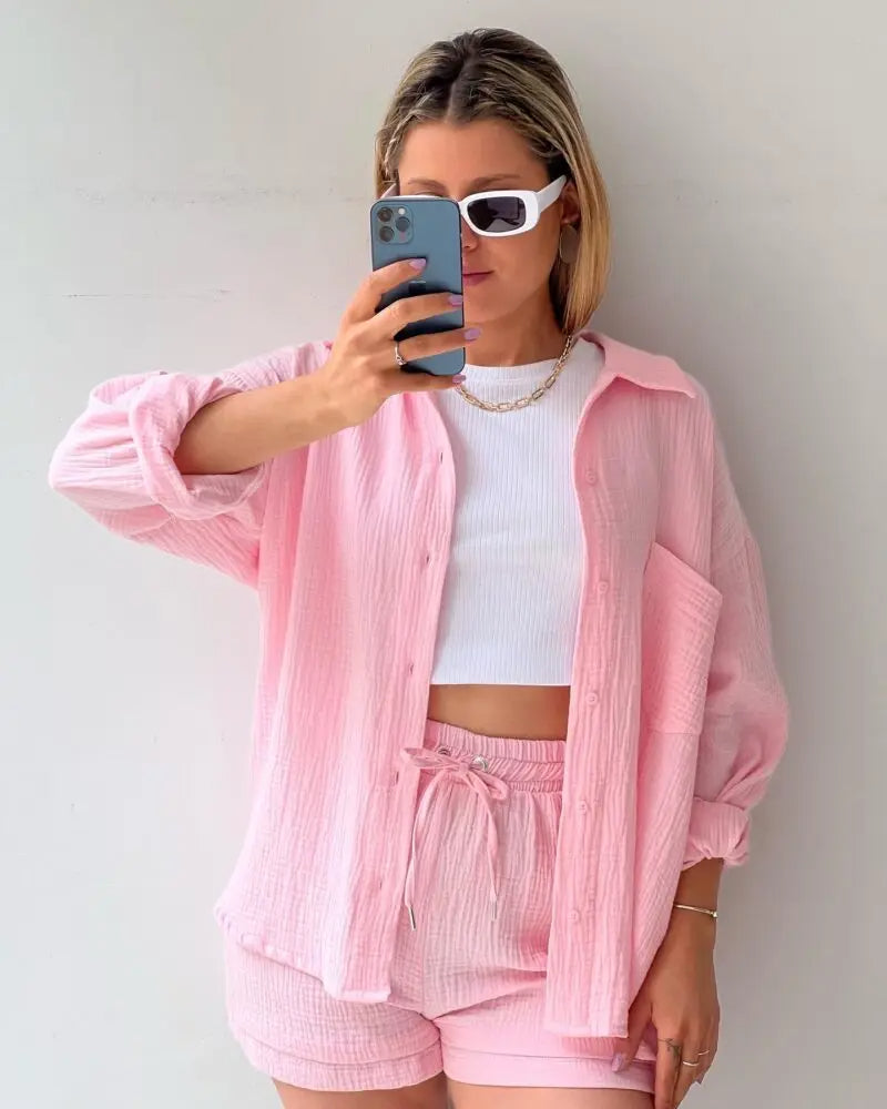 Adelie - 2-piece Cotton Shirt and Shorts Set