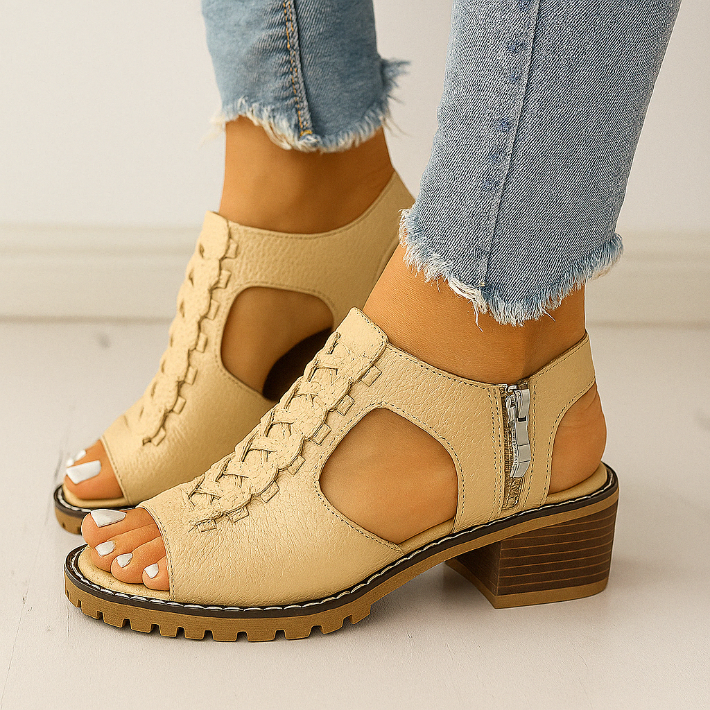Penelope - Women's Orthopedic Block Heel Sandals with Side Zipper