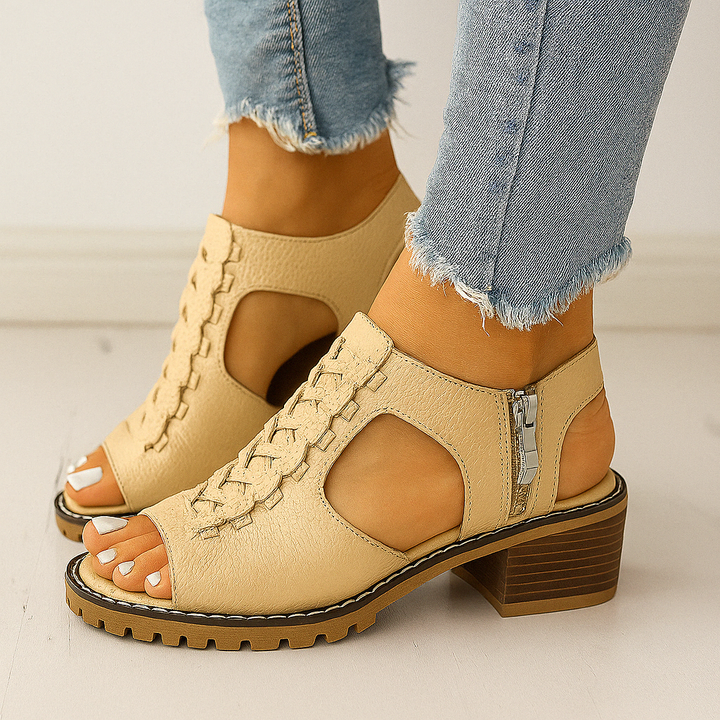 Penelope - Women's Orthopedic Block Heel Sandals with Side Zipper