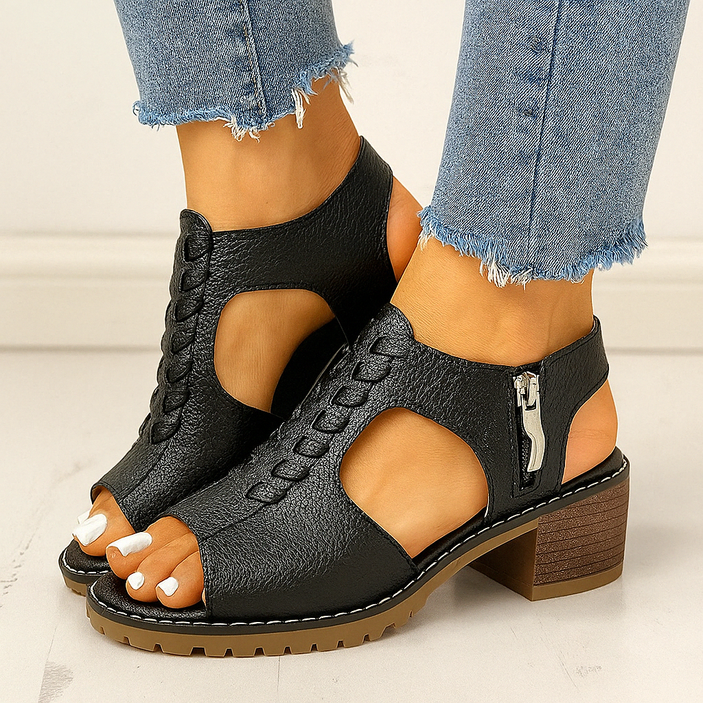 Penelope - Women's Orthopedic Block Heel Sandals with Side Zipper