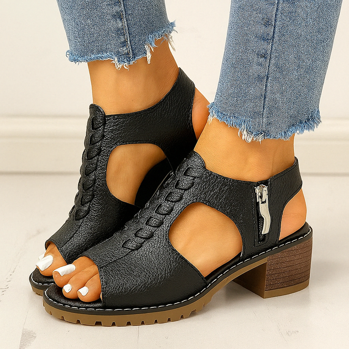 Penelope - Women's Orthopedic Block Heel Sandals with Side Zipper